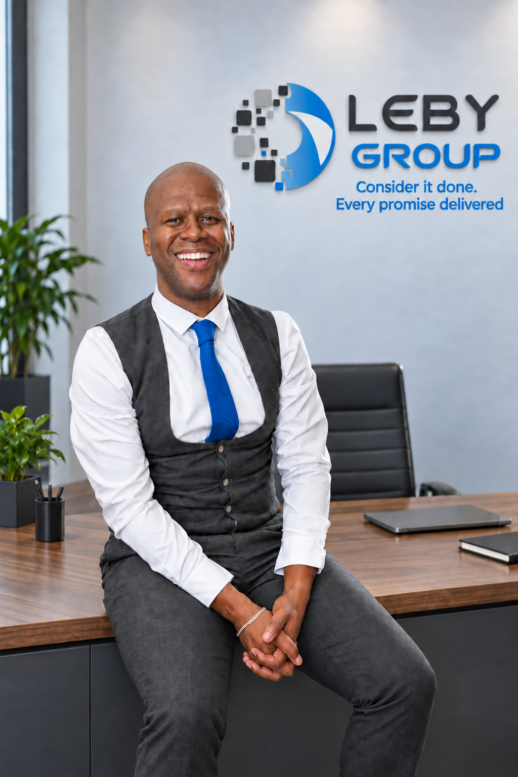 Obakeng Harry Lebethe, Founder and Managing Director of Leby Group, seated at an office desk